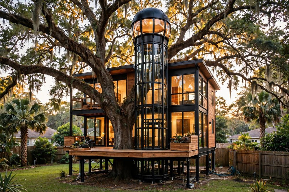 The Crow's Nest — Elevator Estate luxury treehouse ADU exterior