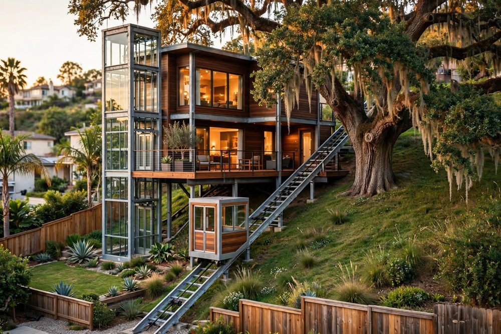 The Funicular — Elevator Estate luxury treehouse ADU exterior