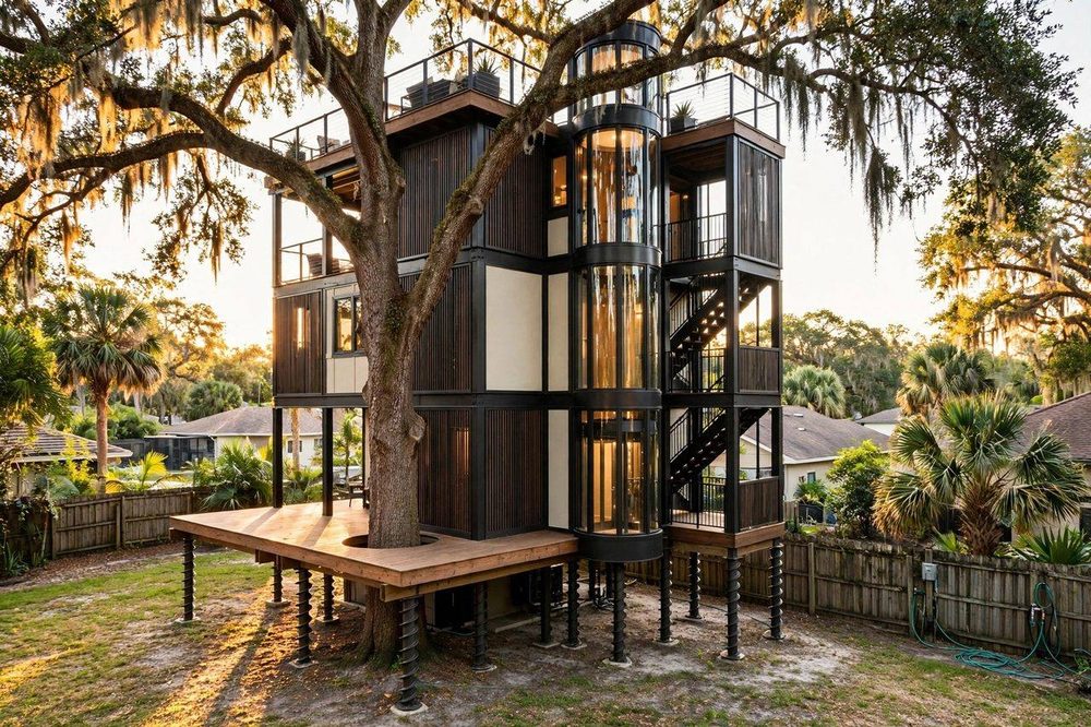 The Tower House — Elevator Estate luxury treehouse ADU exterior