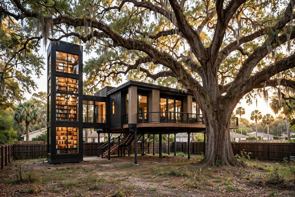 The Library Tower — Grand Oak Pavilion luxury treehouse ADU exterior