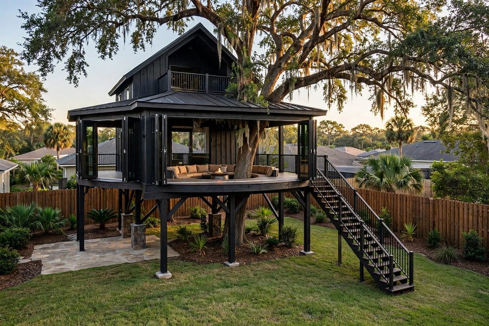The Trunk Hearth — Grand Oak Pavilion luxury treehouse ADU exterior