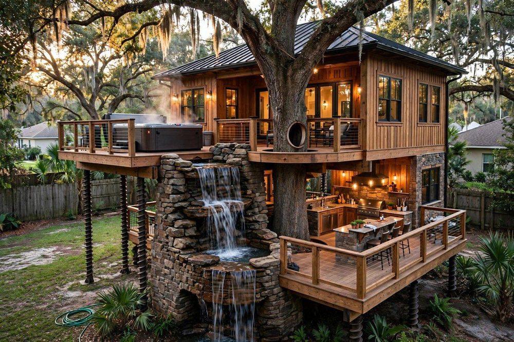 The Cascade — Oasis Deck luxury treehouse ADU exterior