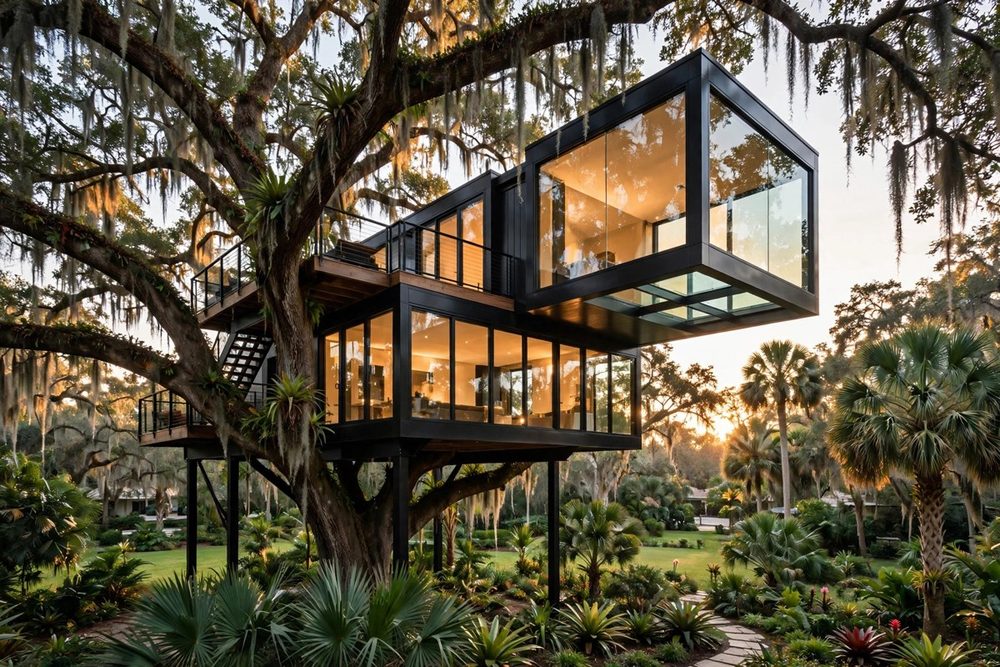 The Cube — Smart Glass luxury treehouse ADU exterior