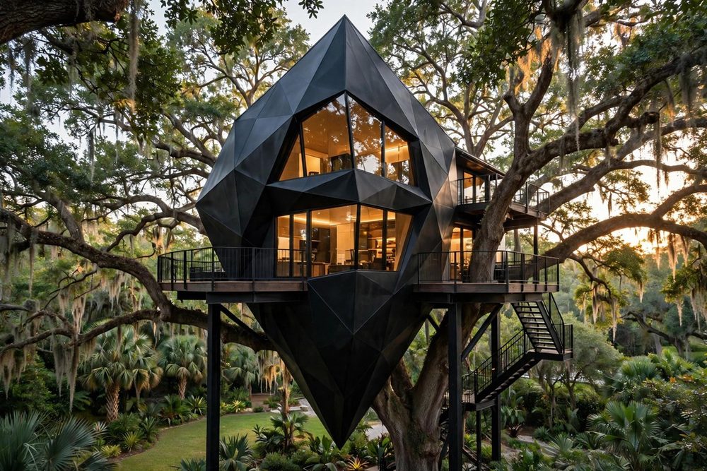 The Prism — Smart Glass luxury treehouse ADU exterior