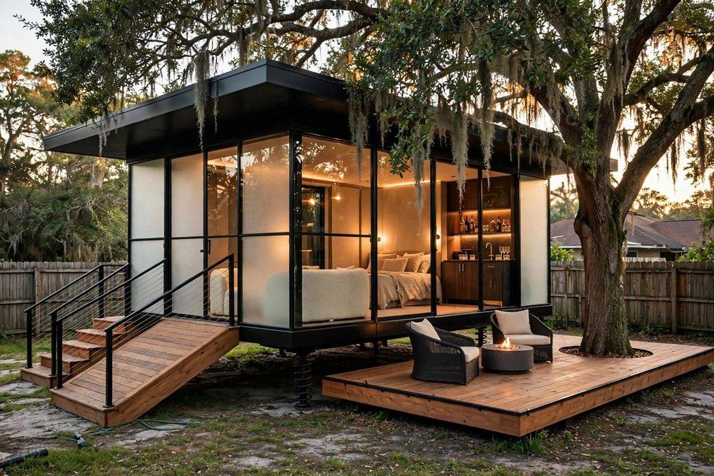 The Solo Pod — Smart Glass luxury treehouse ADU exterior