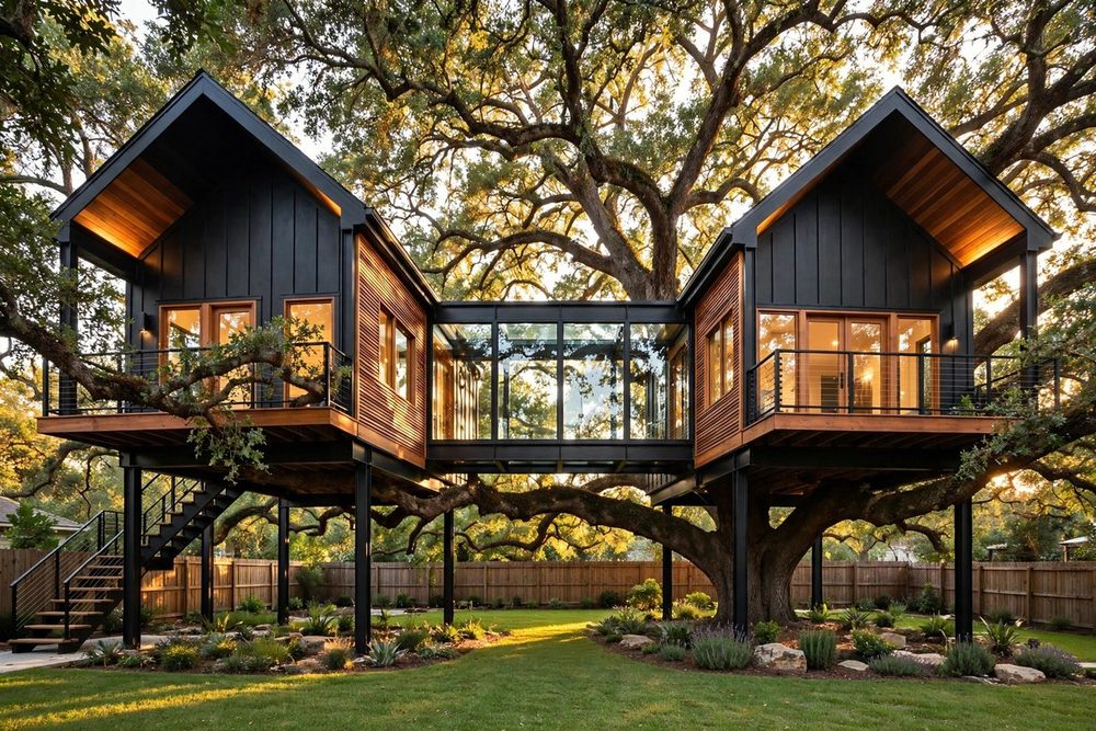The Twin Pavilions — Smart Glass luxury treehouse ADU exterior