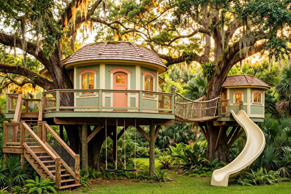 The Two-Tree Bridge House — Storybook Cottage luxury treehouse ADU exterior