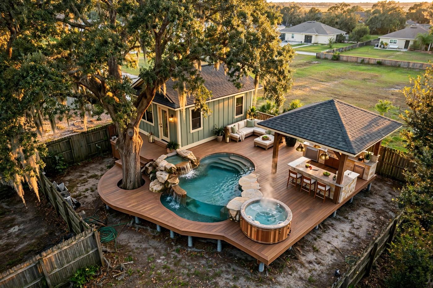 The Lagoon from above — Oasis Deck collection, Rose Homes Luxury Builds