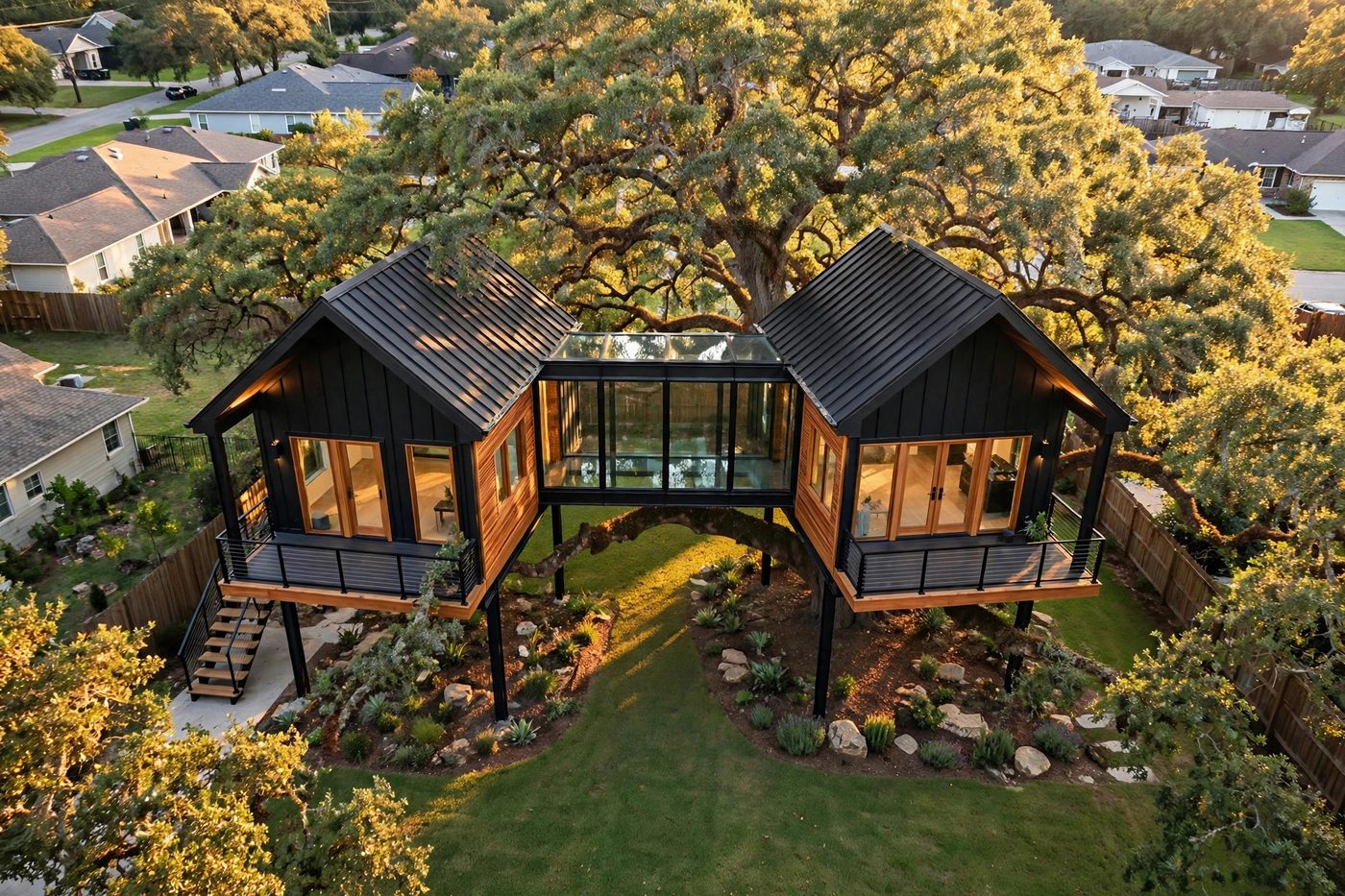 The Twin Pavilions from above — Smart Glass collection, Rose Homes Luxury Builds