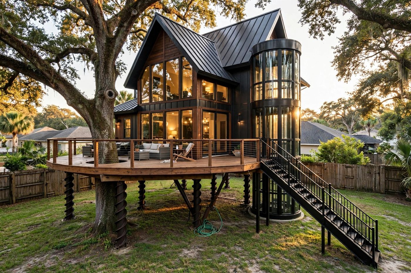 Signature Estate luxury treehouse exterior at golden hour